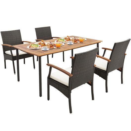5 Pieces Patio Wicker Cushioned Dining Set with Wood Armrest and Umbrella Hole at Set Shop and Smile