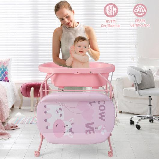 Folding Baby Changing Table with Bathtub and 4 Universal Wheels-Pink at Set Shop and Smile