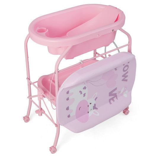 Folding Baby Changing Table with Bathtub and 4 Universal Wheels-Pink at Set Shop and Smile