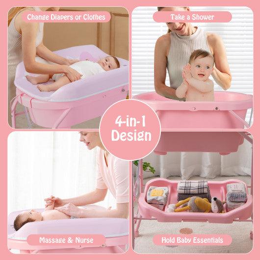 Folding Baby Changing Table with Bathtub and 4 Universal Wheels-Pink at Set Shop and Smile