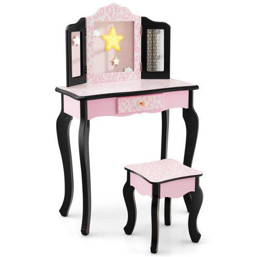 Kid Vanity Set with Tri-Folding Mirror and Leopard Print-Pink at Set Shop and Smile