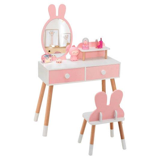 Kids Vanity Table and Chair Set with Drawer Shelf and Rabbit Mirror-Pink at Set Shop and Smile