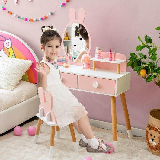 Kids Vanity Table and Chair Set with Drawer Shelf and Rabbit Mirror-Pink at Set Shop and Smile