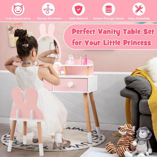 Kids Vanity Table and Chair Set with Drawer Shelf and Rabbit Mirror-Pink at Set Shop and Smile
