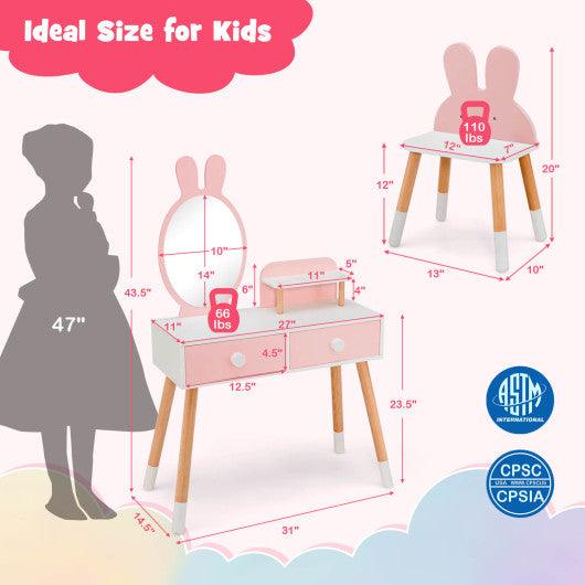 Kids Vanity Table and Chair Set with Drawer Shelf and Rabbit Mirror-Pink at Set Shop and Smile