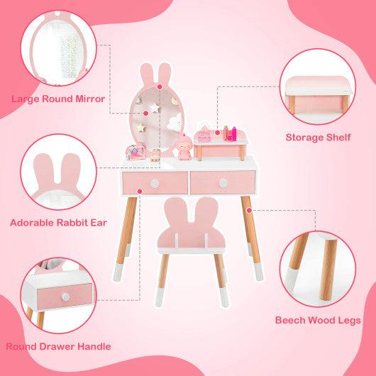 Kids Vanity Table and Chair Set with Drawer Shelf and Rabbit Mirror-Pink at Set Shop and Smile