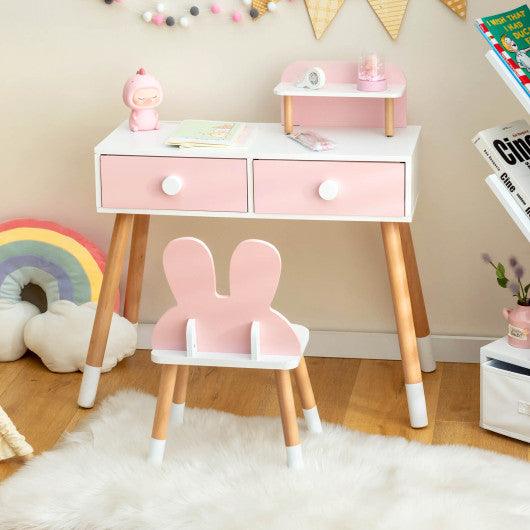 Kids Vanity Table and Chair Set with Drawer Shelf and Rabbit Mirror-Pink at Set Shop and Smile