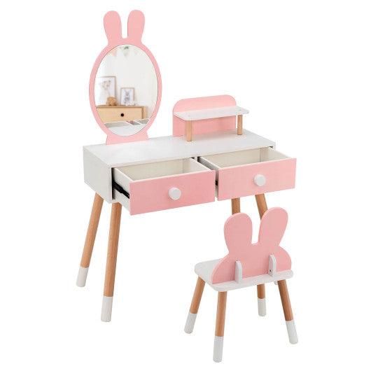 Kids Vanity Table and Chair Set with Drawer Shelf and Rabbit Mirror-Pink at Set Shop and Smile