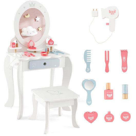 Kids 2-in-1 Princess Makeup Table and Chair Set with Removable Mirror-White at Set Shop and Smile