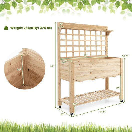 Wooden Raised Garden Bed with Wheels Trellis and Storage Shelf at Set Shop and Smile