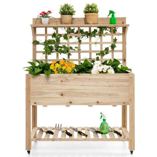 Wooden Raised Garden Bed with Wheels Trellis and Storage Shelf at Set Shop and Smile