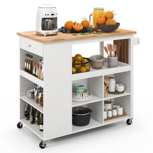 Kitchen Island Trolley Cart on Wheels with Storage Open Shelves and Drawer-White at Set Shop and Smile