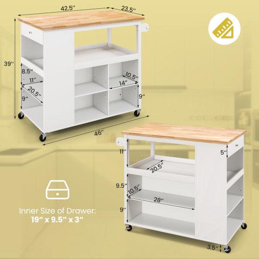 Kitchen Island Trolley Cart on Wheels with Storage Open Shelves and Drawer-White at Set Shop and Smile