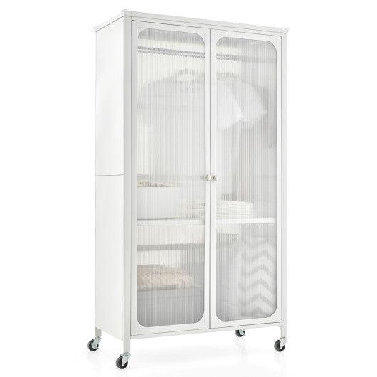 Rolling Storage Armoire Closet with Hanging Rod and Adjustable Shelf-White at Set Shop and Smile
