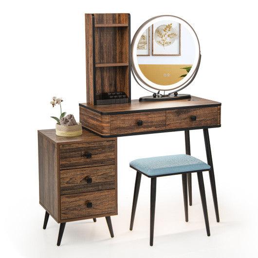 Vanity Table Set with 3-Color Lighted Mirror and Cushioned Stool-Rustic Brown at Set Shop and Smile