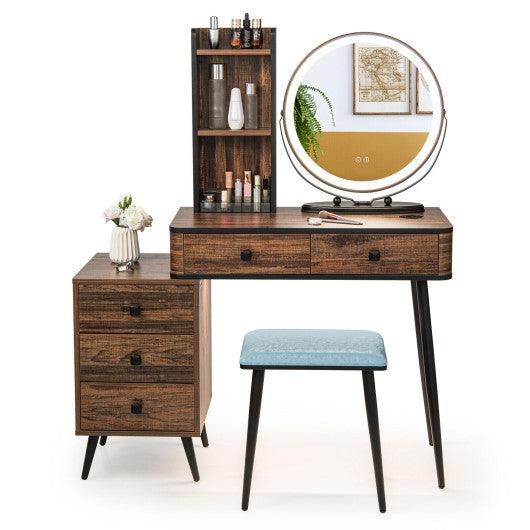 Vanity Table Set with 3-Color Lighted Mirror and Cushioned Stool-Rustic Brown at Set Shop and Smile
