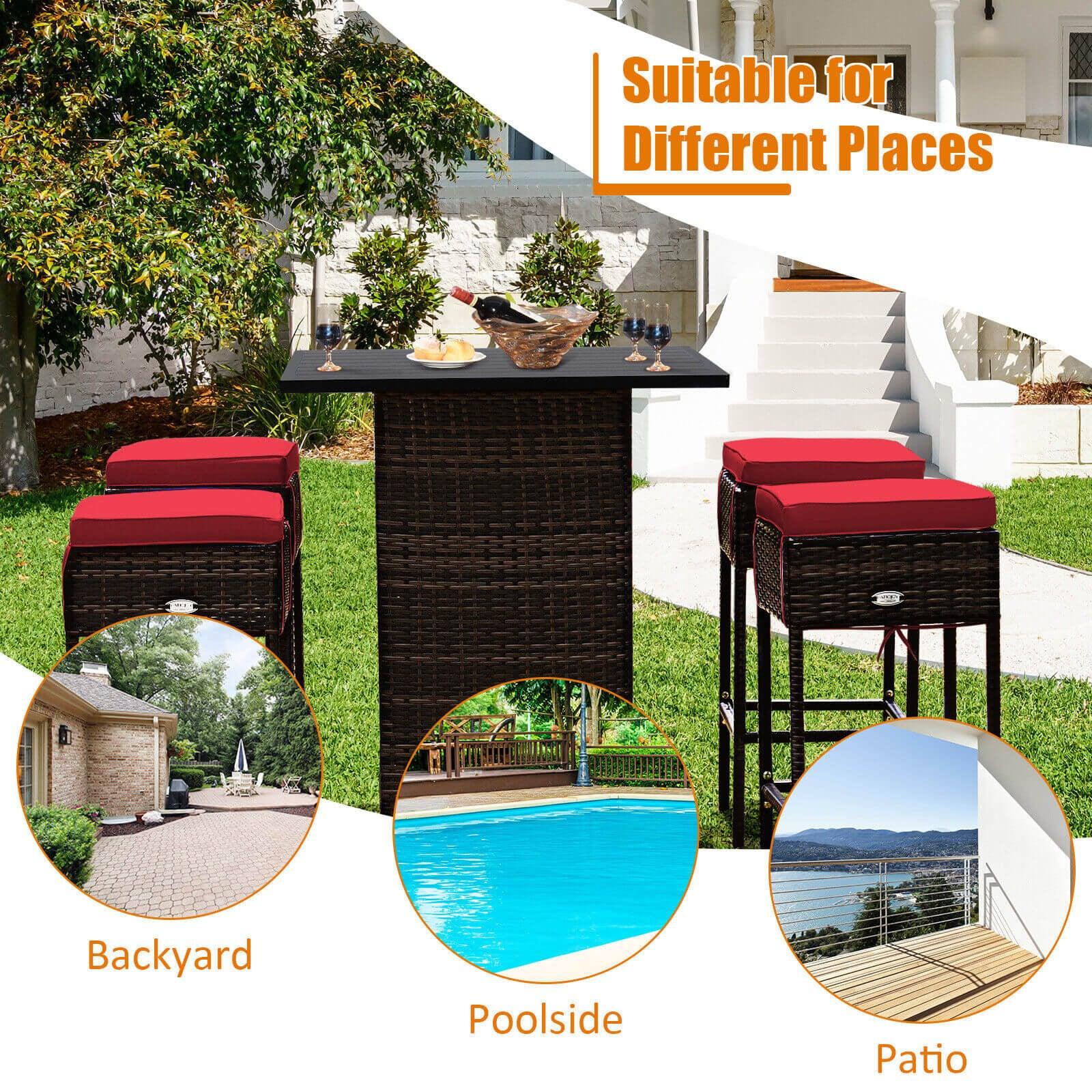 5 Pieces Patio Rattan Bar Table Stool Set Hidden Storage Shelf Cushioned-Red at Set Shop and Smile