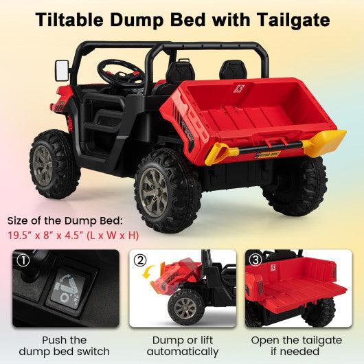 2-Seater Kids Ride On Dump Truck with Dump Bed and Shovel-Red at Set Shop and Smile