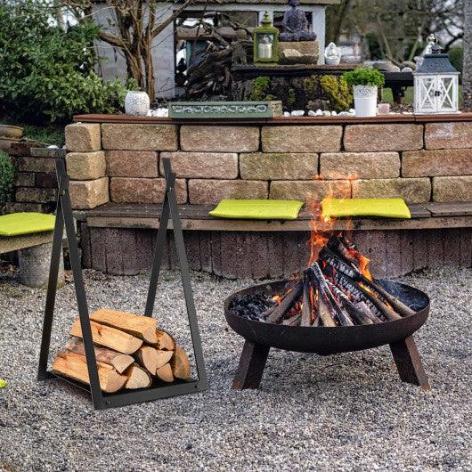 Triangle Firewood Rack with Raised Base for Fireplace Fire Pit-Black at Set Shop and Smile