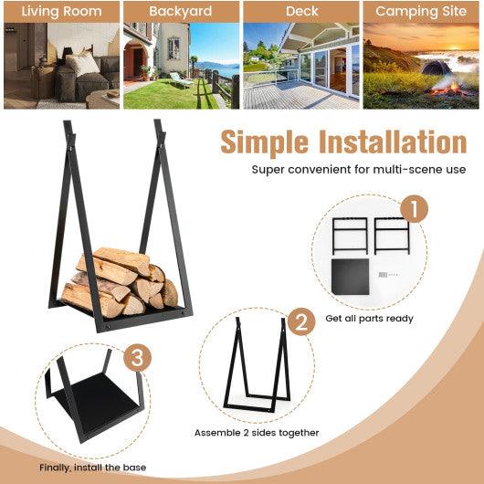 Triangle Firewood Rack with Raised Base for Fireplace Fire Pit-Black at Set Shop and Smile