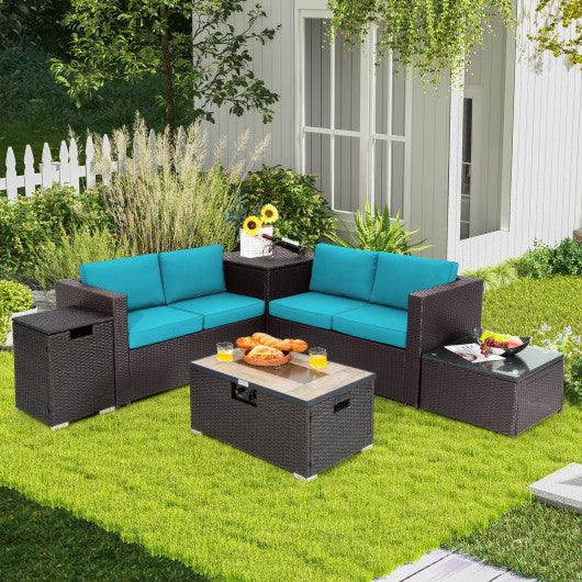 6 Pieces Outdoor Wicker Furniture Set with 32 Inch Propane Fire Pit Table-Turquoise at Set Shop and Smile