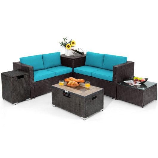6 Pieces Outdoor Wicker Furniture Set with 32 Inch Propane Fire Pit Table-Turquoise at Set Shop and Smile