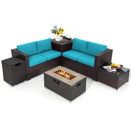6 Pieces Outdoor Wicker Furniture Set with 32 Inch Propane Fire Pit Table-Turquoise at Set Shop and Smile