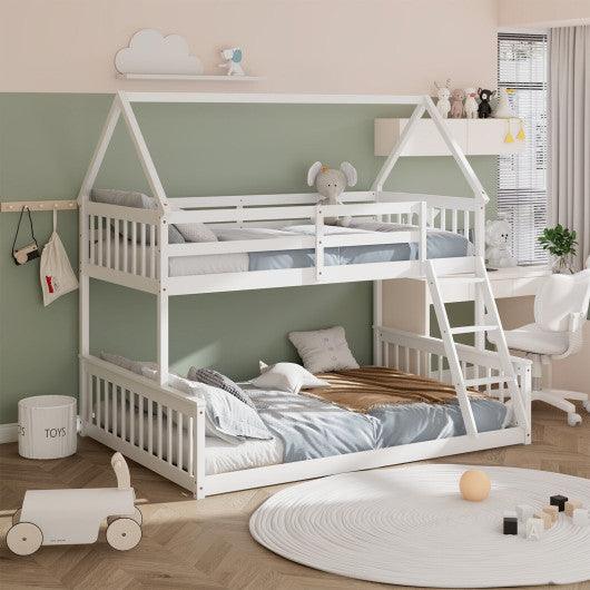 Twin Over Full House Bunk Bed with Ladder and Guardrails-White at Set Shop and Smile