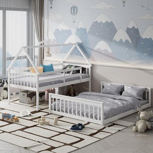 Twin Over Full House Bunk Bed with Ladder and Guardrails-White at Set Shop and Smile