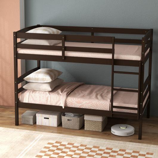Solid Wood Twin Over Twin Bunk Bed Frame with High Guardrails and Integrated Ladder-Espresso at Set Shop and Smile