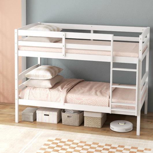 Solid Wood Twin Over Twin Bunk Bed Frame with High Guardrails and Integrated Ladder-White at Set Shop and Smile