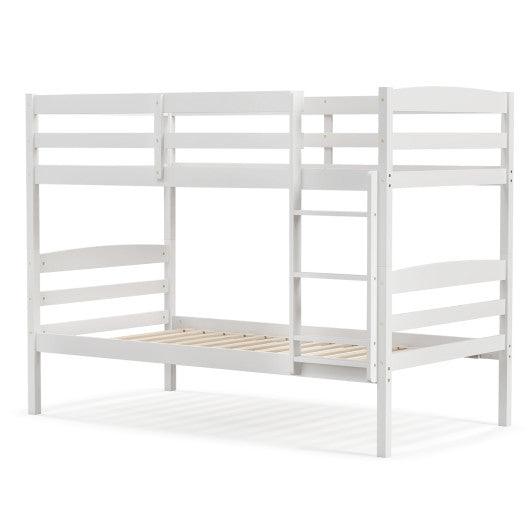 Solid Wood Twin Over Twin Bunk Bed Frame with High Guardrails and Integrated Ladder-White at Set Shop and Smile
