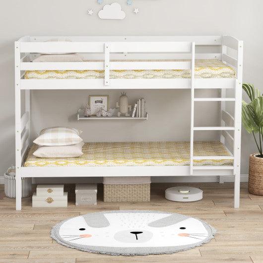 Solid Wood Twin Over Twin Bunk Bed Frame with High Guardrails and Integrated Ladder-White at Set Shop and Smile