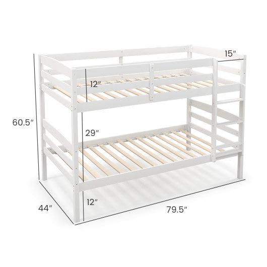 Solid Wood Twin Over Twin Bunk Bed Frame with High Guardrails and Integrated Ladder-White at Set Shop and Smile