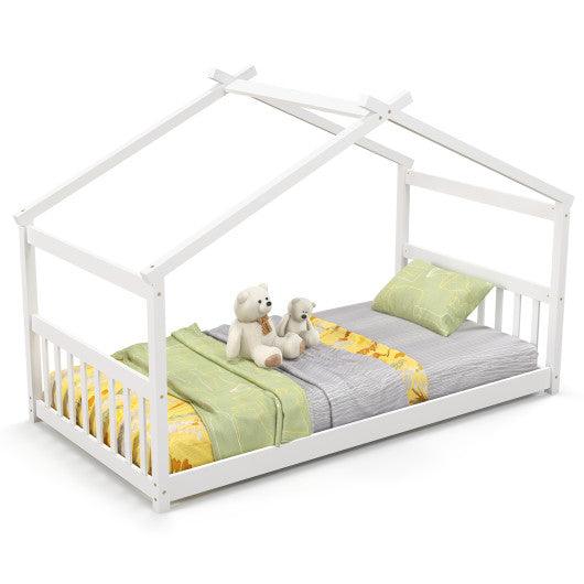 Twin Size Wooden House Bed with Roof-White at Set Shop and Smile