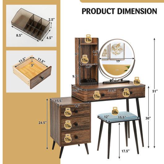 Vanity Table Set with 3-Color Lighted Mirror and Cushioned Stool-Rustic Brown at Set Shop and Smile