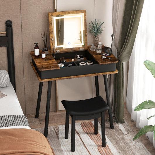 Vanity Table Set with Flip Top Mirror Lights USB Writing Desk and Stool-Brown at Set Shop and Smile