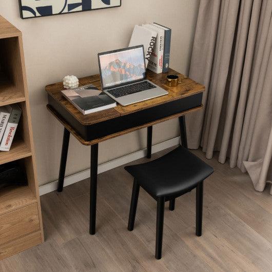 Vanity Table Set with Flip Top Mirror Lights USB Writing Desk and Stool-Brown at Set Shop and Smile