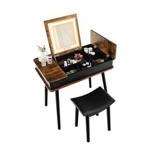 Vanity Table Set with Flip Top Mirror Lights USB Writing Desk and Stool-Brown at Set Shop and Smile