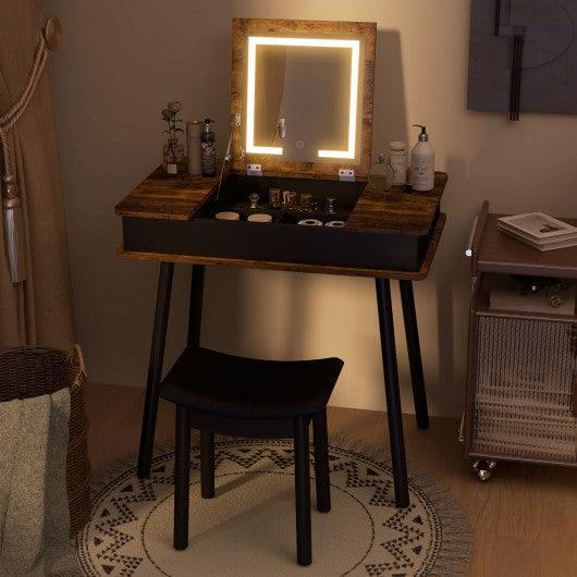Vanity Table Set with Flip Top Mirror Lights USB Writing Desk and Stool-Brown at Set Shop and Smile