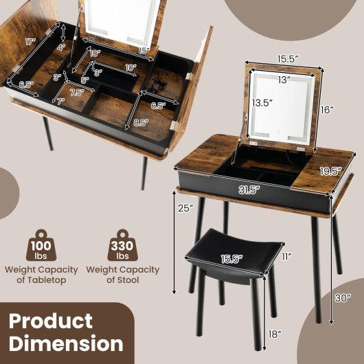 Vanity Table Set with Flip Top Mirror Lights USB Writing Desk and Stool-Brown at Set Shop and Smile