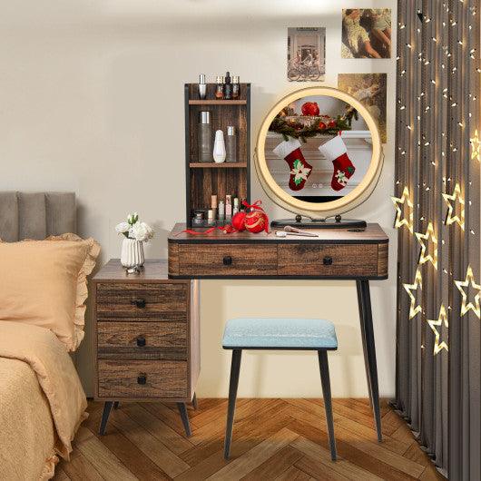 Vanity Table Set with 3-Color Lighted Mirror and Cushioned Stool-Rustic Brown at Set Shop and Smile