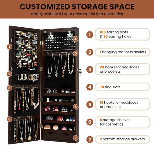 Lockable Wall Mount Mirrored Jewelry Cabinet with LED Lights-Brown at Set Shop and Smile