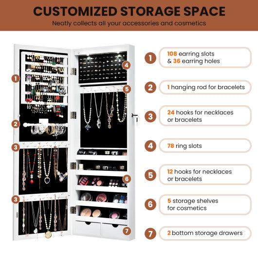 Lockable Wall Mount Mirrored Jewelry Cabinet with LED Lights-White at Set Shop and Smile