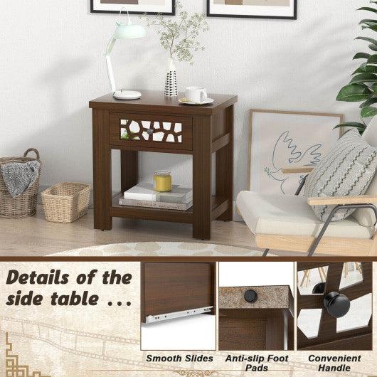 Wood Retro End Table with Mirrored Glass Drawer and Open Storage Shelf-Brown at Set Shop and Smile