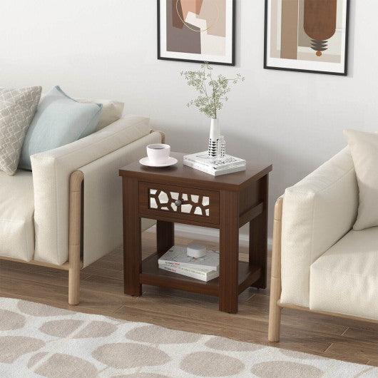 Wood Retro End Table with Mirrored Glass Drawer and Open Storage Shelf-Brown at Set Shop and Smile