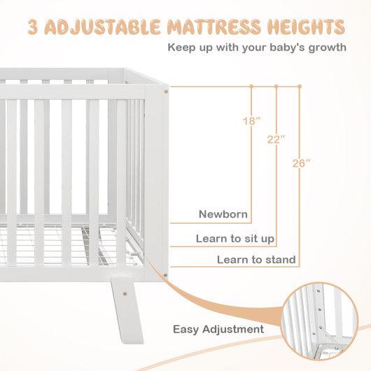 Rubber Wood Baby Crib with Adjustable Mattress Heights and Guardrails-White at Set Shop and Smile