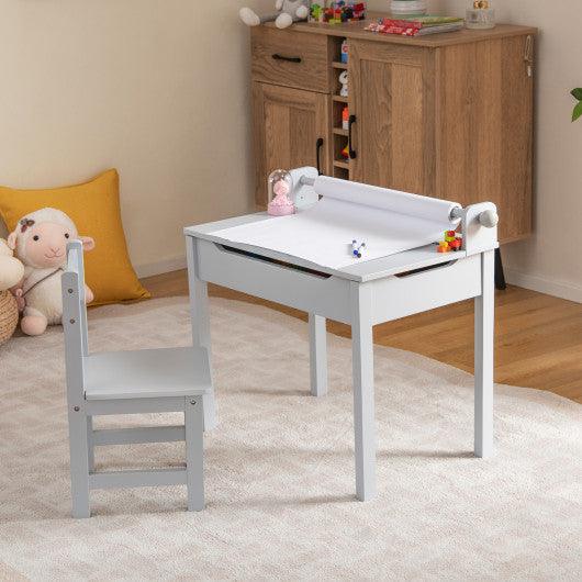 Wooden Kids Table and Chair Set with Storage and Paper Roll Holder-Gray at Set Shop and Smile