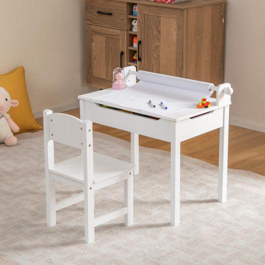 Wooden Kids Table and Chair Set with Storage and Paper Roll Holder-White at Set Shop and Smile