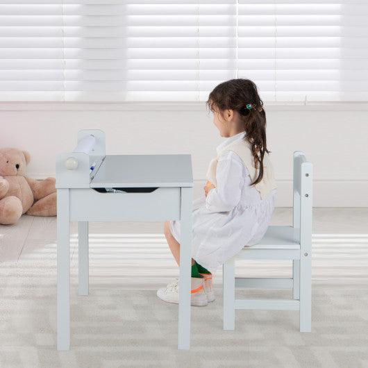 Wooden Kids Table and Chair Set with Storage and Paper Roll Holder-Gray at Set Shop and Smile